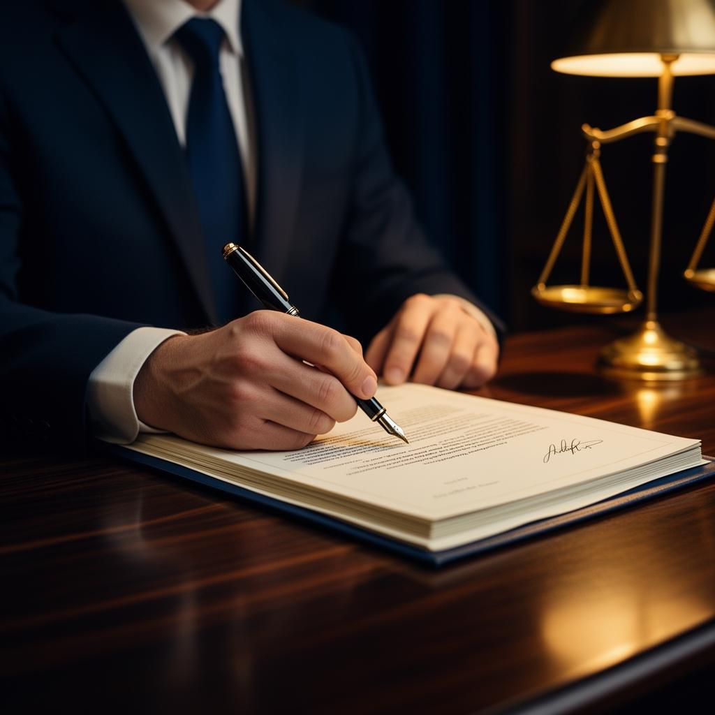 Professionista che firma un dossier legale con bilancia della giustizia in primo piano